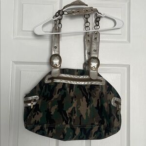 BKE Camouflage Vintage Looking Tote Bag with Silver Accents and brass chain